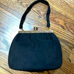 Vintage  blk suede dress handbag with metal closure w/red colored jewels